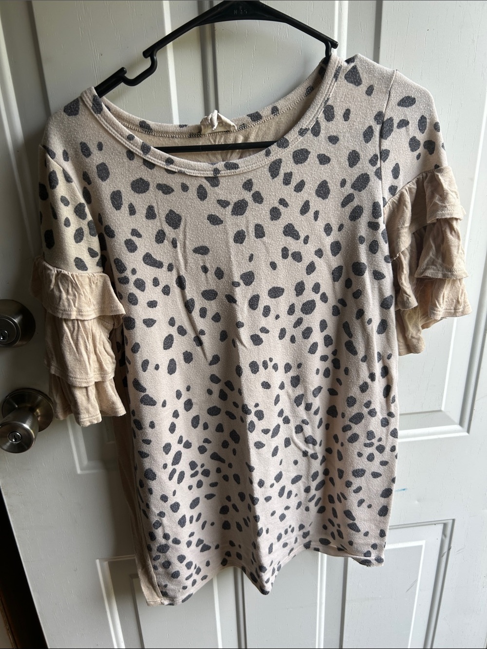 BiBi Beige Short Sleeve Ruffle Animal Print Top